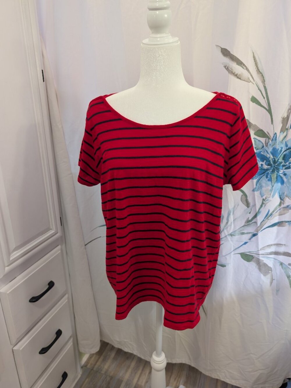Jones New York Sport Women's Short Sleeve Black & Red Striped Tee Cotton Size 1X